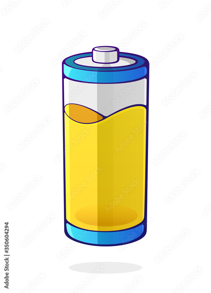 Yellow color of the energy status of electrical device accumulator. Used charge level battery indicator. Power technology. Cartoon clip art isolated on white background. Vector illustration Yellow color of the energy status of electrical device accumulator. Used charge level battery indicator. Power technology. Cartoon clip art isolated on white background. Vector illustration