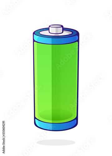 Green color of the energy status of electrical device accumulator. Full charge level battery indicator. Power technology. Cartoon clip art isolated on white background. Vector illustration