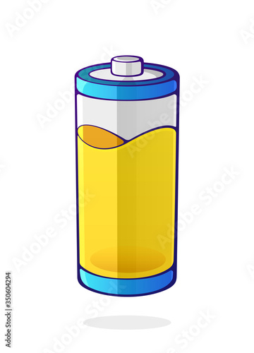 Yellow color of the energy status of electrical device accumulator. Used charge level battery indicator. Power technology. Cartoon clip art isolated on white background. Vector illustration