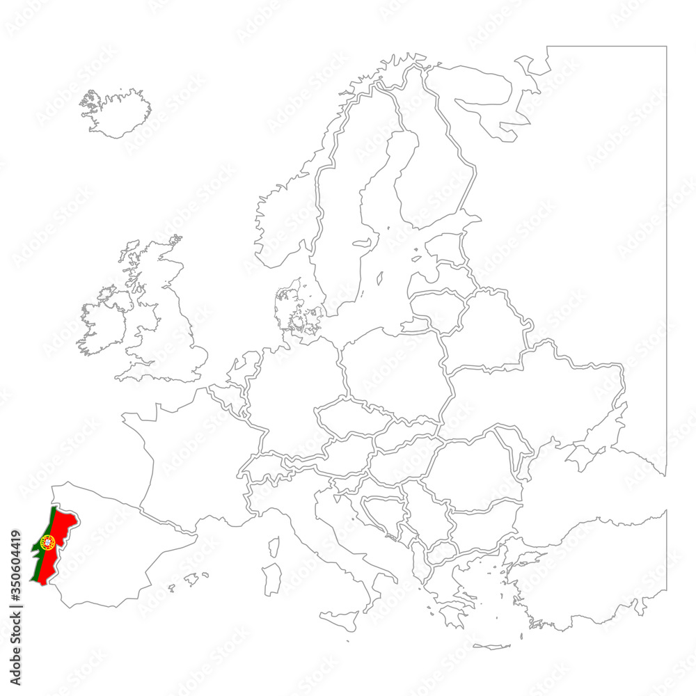 Obraz premium Detailed Portugal silhouette with national flag on contour europe map on white