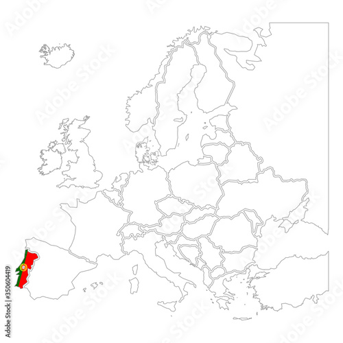 Detailed Portugal silhouette with national flag on contour europe map on white