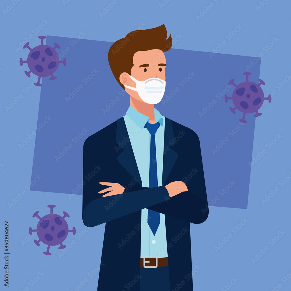 businessman using face mask with particles 2019 ncov vector illustration design businessman using face mask with particles 2019 ncov vector illustration design