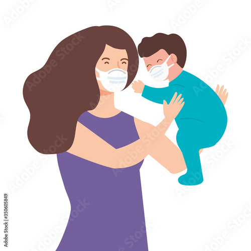 woman with baby boy using face mask vector illustration design
