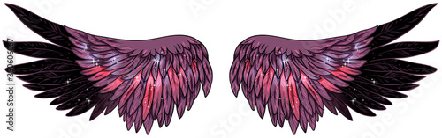 Beautiful dark magic glittery starry purple pink black wings, vector
