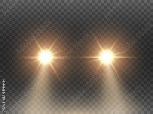 Car lights effect on transparent backdrop. Isolated yellow headlights. Realistic automobile flares. Bright car beams concept. Rays on road. Vector illustration