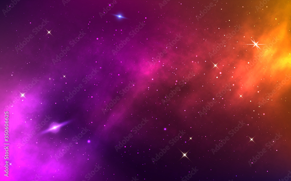 Space background. Yellow colorful galaxy. Realistic purple nebula with  stardust and planet. Shining stars in cosmos. Futuristic backdrop for  poster, brochure, banner. Vector Illustration Stock Vector | Adobe Stock