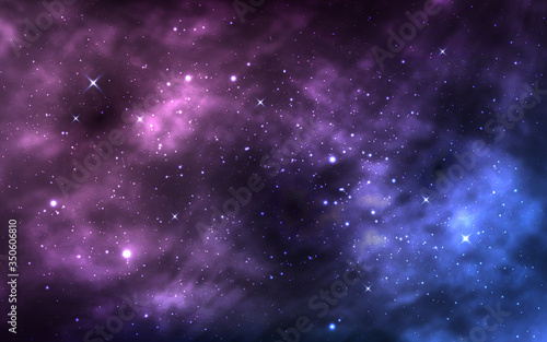 Space background. Realistic cosmos texture. Starry milky way and stardust. Color galaxy. Nebula with shining stars. Magic Infinite universe. Vector illustration