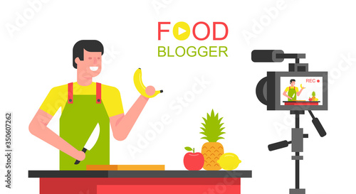 Man Food blogger working in the kitchen. Making a video. flat style. isolated on white background