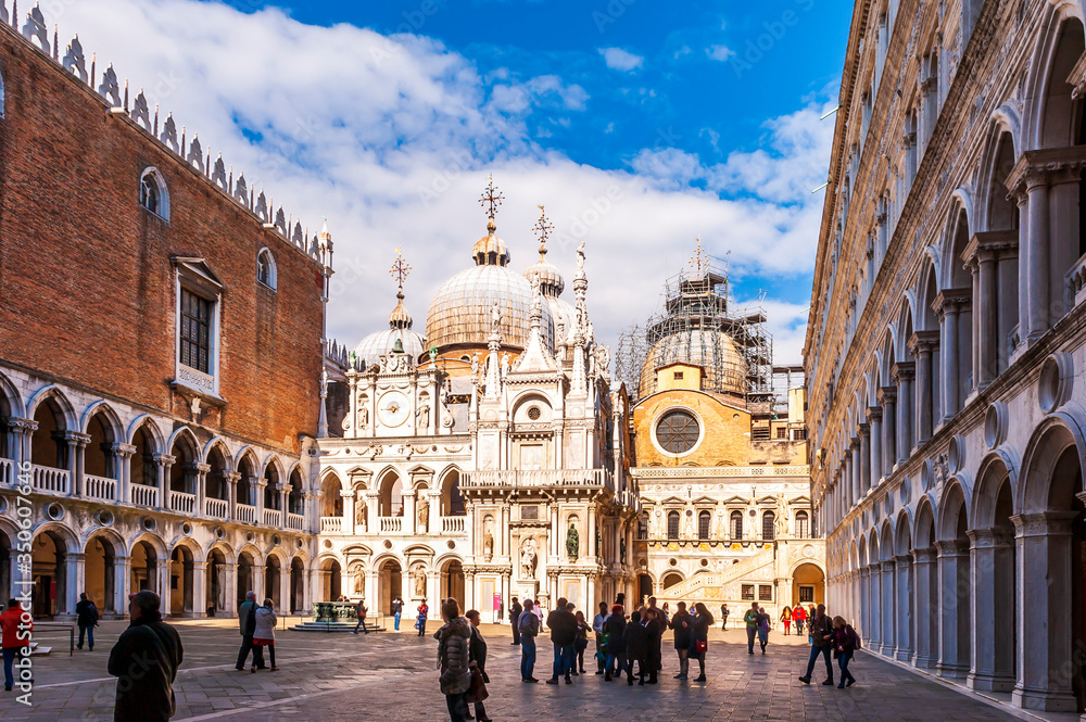 The inner courtyard of the Doge's Palace and the Basilica, Piazza San Marco in Venice in Veneto, Italy