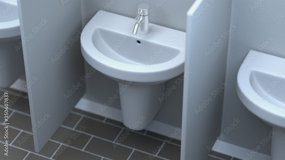 Fototapeta premium 3d render. Three White sinks between partitions in room with white walls. Social distance concept.