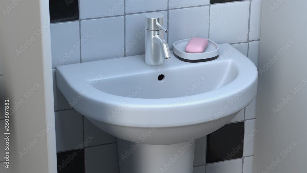 Fototapeta premium 3d render. White sinks with soap between partitions in room with ceramic tile.