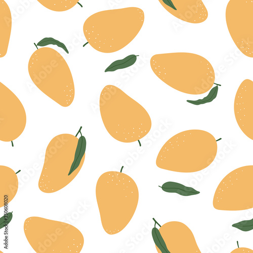 Mango seamless vector pattern. Summer hand drawn background. Trendy tropical pattern for print, textile, wrapping paper and decoration design. Simple vector fruit illustration