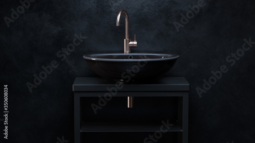 3d render. Black ceramic sink with iron water tap on wooden pedestal in room with black walls.