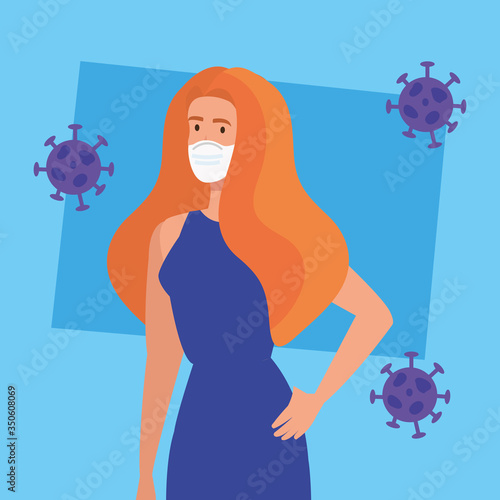 business woman using face mask with particles 2019 ncov vector illustration design