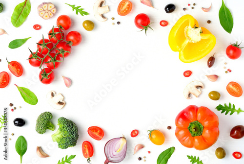 Cook frame with fresh vegetables, herbs and spices on white background. Organic raw salad and pizza ingredients. Flat lay, copyspace, top view.