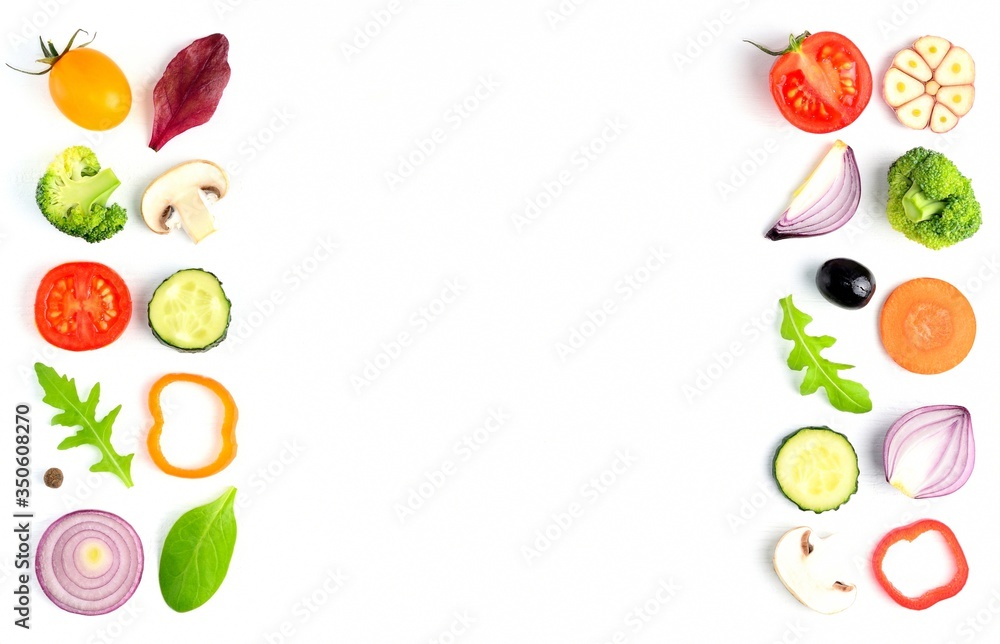 Food pattern with raw fresh ingredients of salad - tomato, cucumber, onion, herbs. Vegetables isolated on white background. Healthy eating concept. Flat lay, copyspace, top view. Food pattern with raw fresh ingredients of salad - tomato, cucumber, onion, herbs. Vegetables isolated on white background. Healthy eating concept. Flat lay, copyspace, top view.
