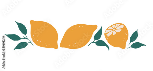 Flat cartoon set with lemons and leaves isolated on white background. Vector tropical fruit for print, textile, wrapping paper and decoration design. Simple vegetarian healthy food vector illustration