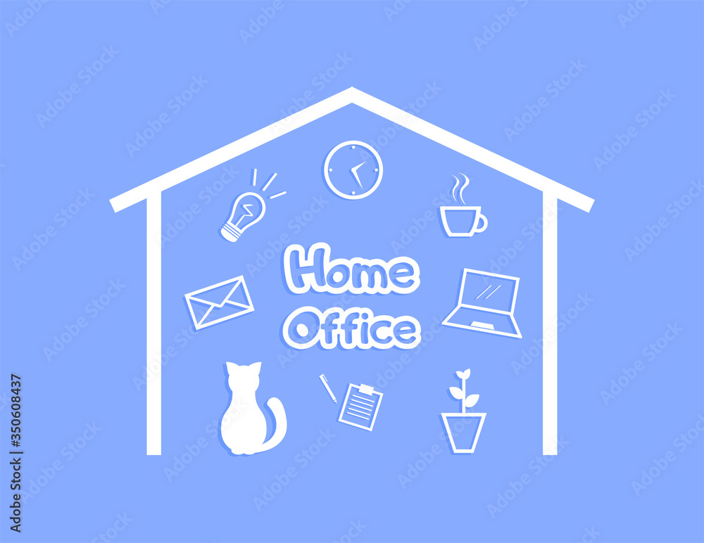 Home office. White house with text, office icons, cat, flowerpot inside on blue background. Concept of remote work at home Home office. White house with text, office icons, cat, flowerpot inside on blue background. Concept of remote work at home