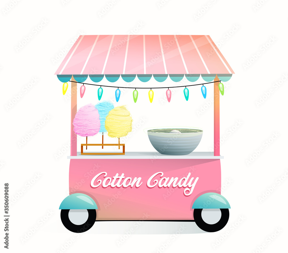 Cute cotton candy machine cart or stall on wheels, pink color design for  kids and children. Colorful watercolor style candy floss cartoon. Vector  isolated design. Stock Vector | Adobe Stock