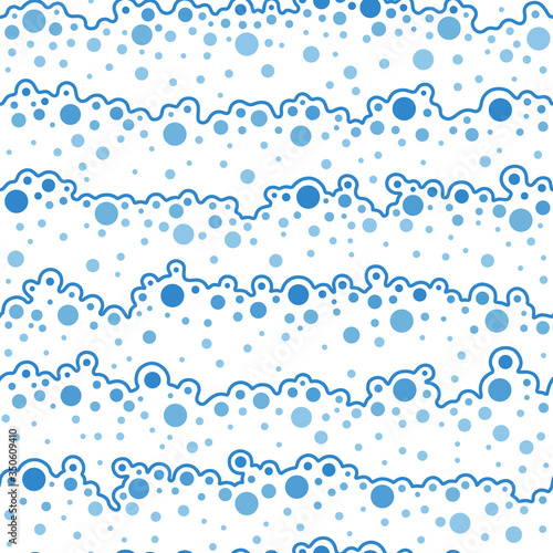 Water background. Soap bubbles. Sea and ocean waves. Seamless pattern blue. Cleaning concept. Wavy seacoast with bubbles. Design prints. Black and white river backdrop. Summer seascape. Vector