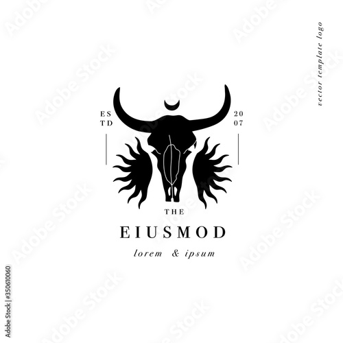 Vector design linear template logo or emblem - bull skull with sun. Template symbol for personal brand, psychology, astrology and esoteric.