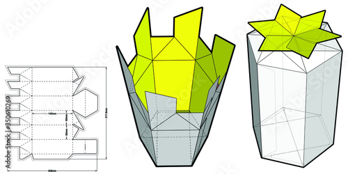 Hexagonal self asembly (Internal measurement 8,5 x 14cm) and Die-cut Pattern. The .eps file is full scale and fully functional. Prepared for real cardboard production.