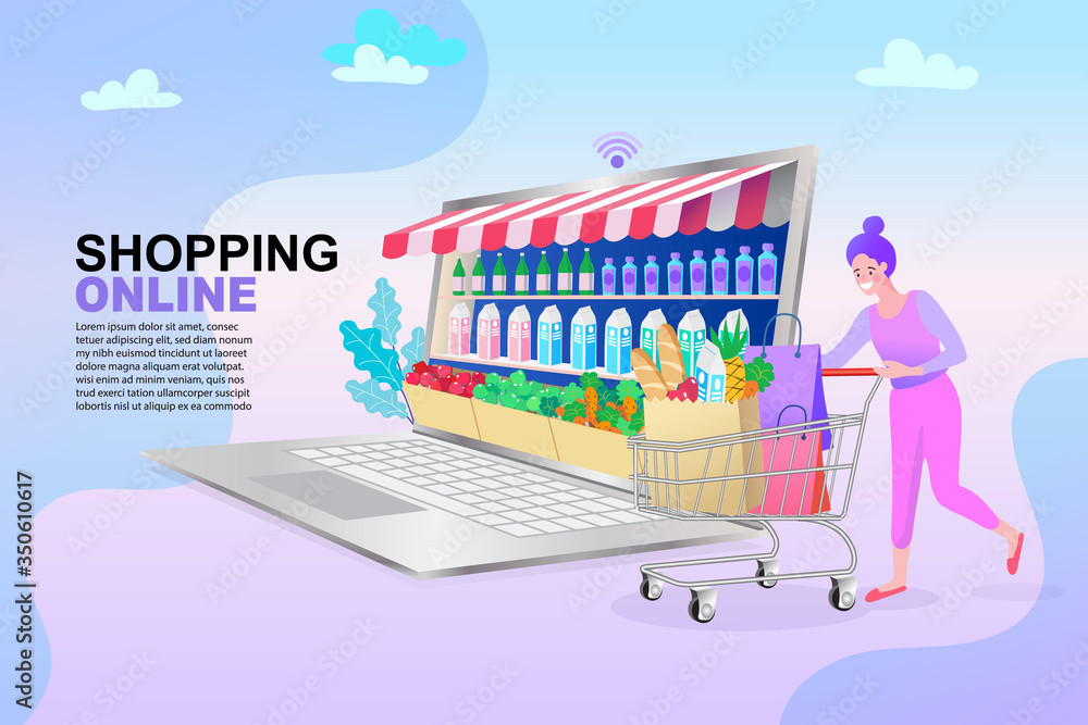 Internet digital store scene with woman on shopping. E-commerce advertising illustration.