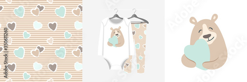 Seamless pattern and illustration set with bear hugs heart