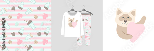 Seamless pattern and illustration set with cat hugs heart
