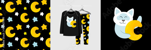 Seamless pattern and illustration set with cat hugs moon