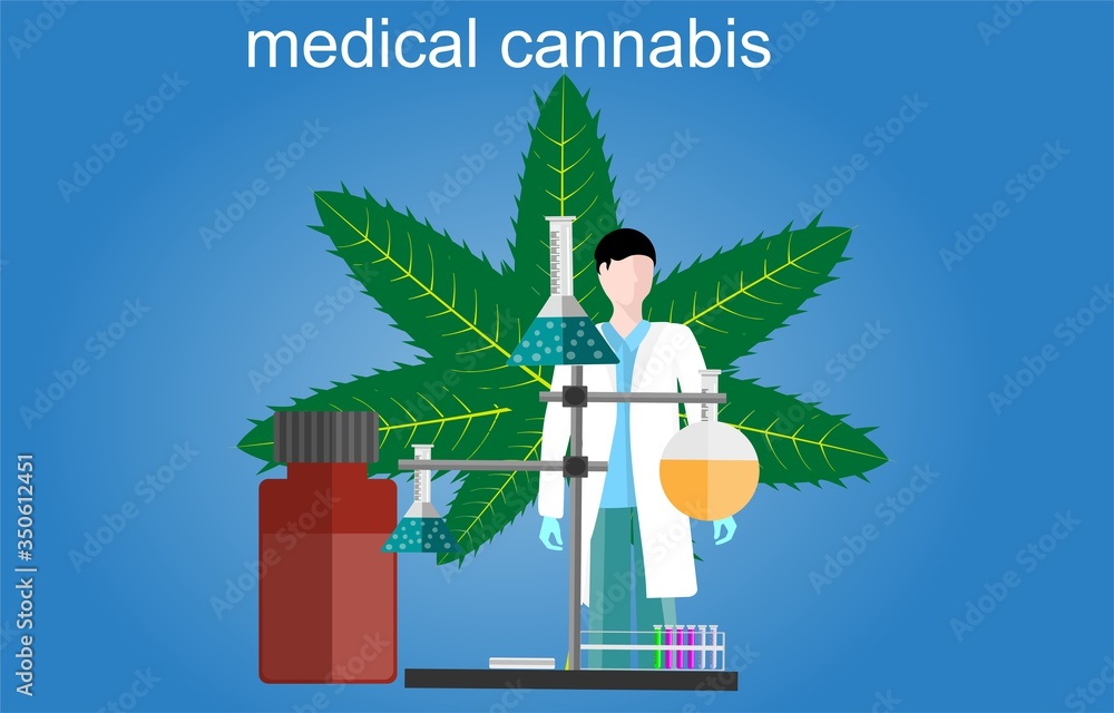 doctor character in laboratory prescribes medical cannabis in the form of hashish oil. Flat
