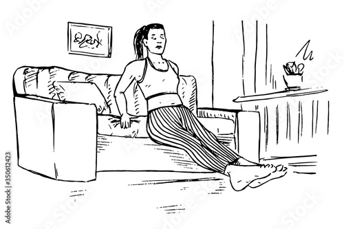 Girl doing back push-up workout on couch, workout at home, interior background, hand drawn doodle, drawing in gravure style, sketch illustration