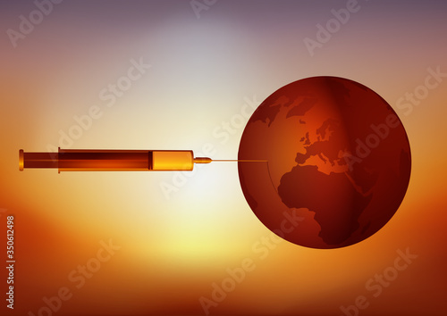 Concept de la vaccination avec une seringue qui injecte symboliquement un antidote à la planète terre pour protéger l’humanité contre une épidémie.