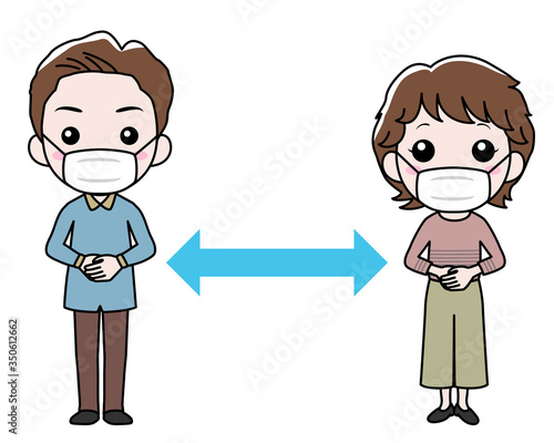マスクをして距離を取る男の人と女の人
