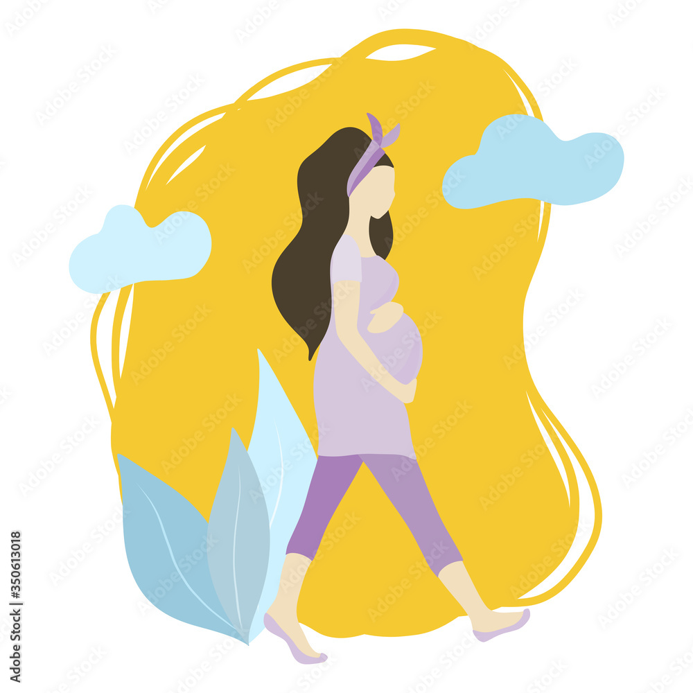 Pregnant girl walking down the street, vector illustration in flat style, activity during pregnancy