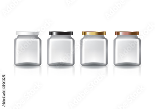 Blank clear square jar with 4 colors flat lid for supplements or food product. Isolated on white background with reflection shadow. Ready to use for package design. Vector illustration.