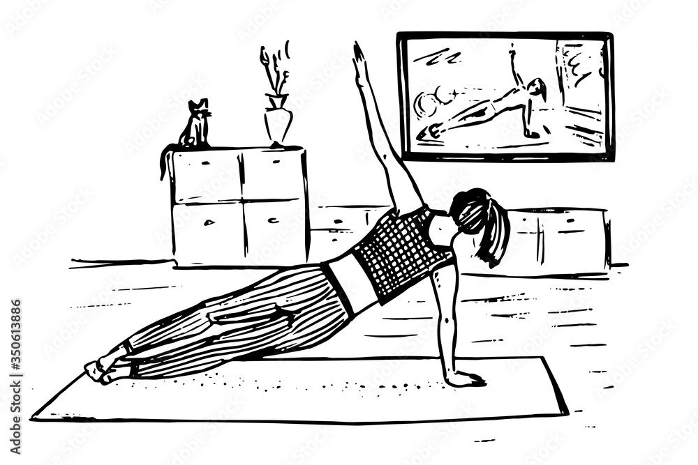 Girl Standing In Side Plank On Floor Workout At Home With Tv Fitness Program Interior With Cat Background Hand Drawn Doodle Drawing In Gravure Style Sketch Illustration Stock Vector Adobe Stock