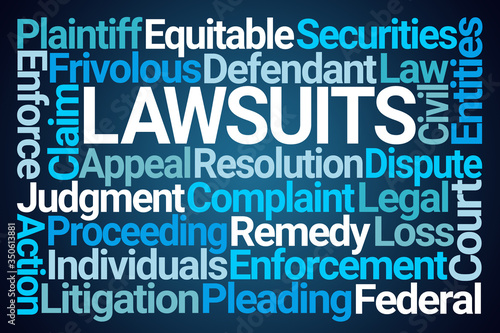 Lawsuits Word Cloud on Blue Background
