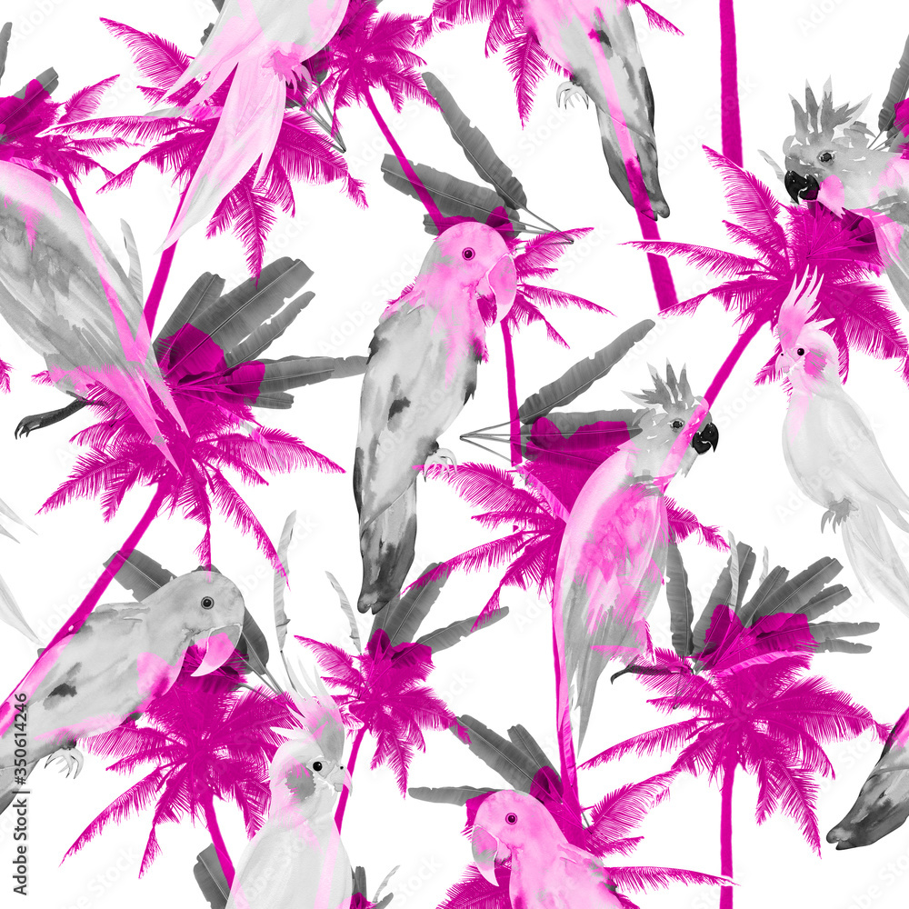 parrots sitting on pink palm trees print, seamless pattern with birds and tropical plants on a white background.
