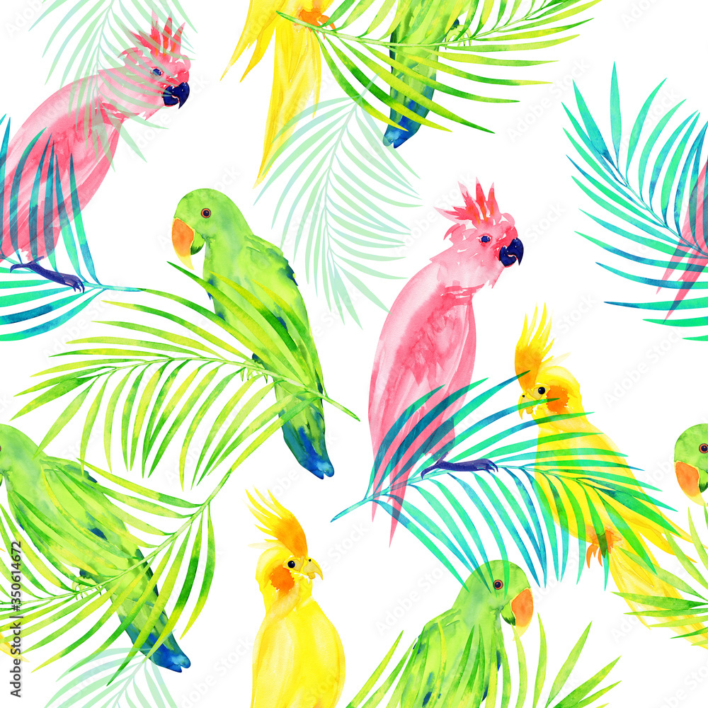 Parrots on palm tree branches seamless pattern, watercolor print with birds on a white background.