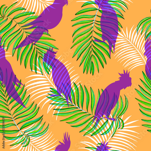 tropical print with parrots and palm branches on an orange background, bird silhouettes among leaves pattern.
