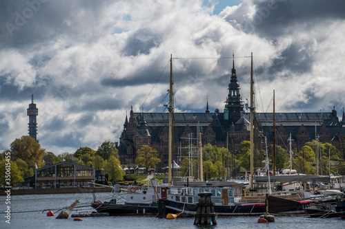Cloudy view over the islands in Stockholm boats and landmarks. 