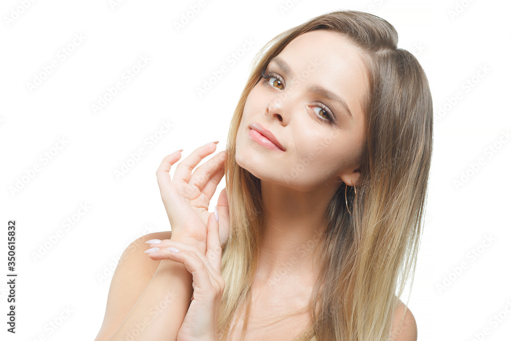 Portrait of young attractive woman with closed eyes over white background. Portrait of young attractive woman with closed eyes over white background.