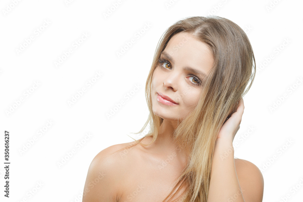 Portrait of young attractive woman with closed eyes over white background. Portrait of young attractive woman with closed eyes over white background.