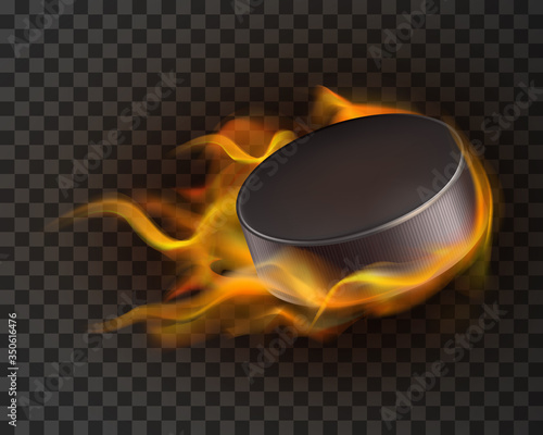 Burning ice hockey puck on transparent background. Realistic vector illustration of black rubber puck flying through the air on fire, flames. Sports equipment.