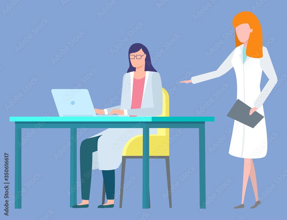 Woman in laboratory working on computer vector, isolated team of scientists conducting research. Lady with clipboard, female character with laptop Woman in laboratory working on computer vector, isolated team of scientists conducting research. Lady with clipboard, female character with laptop