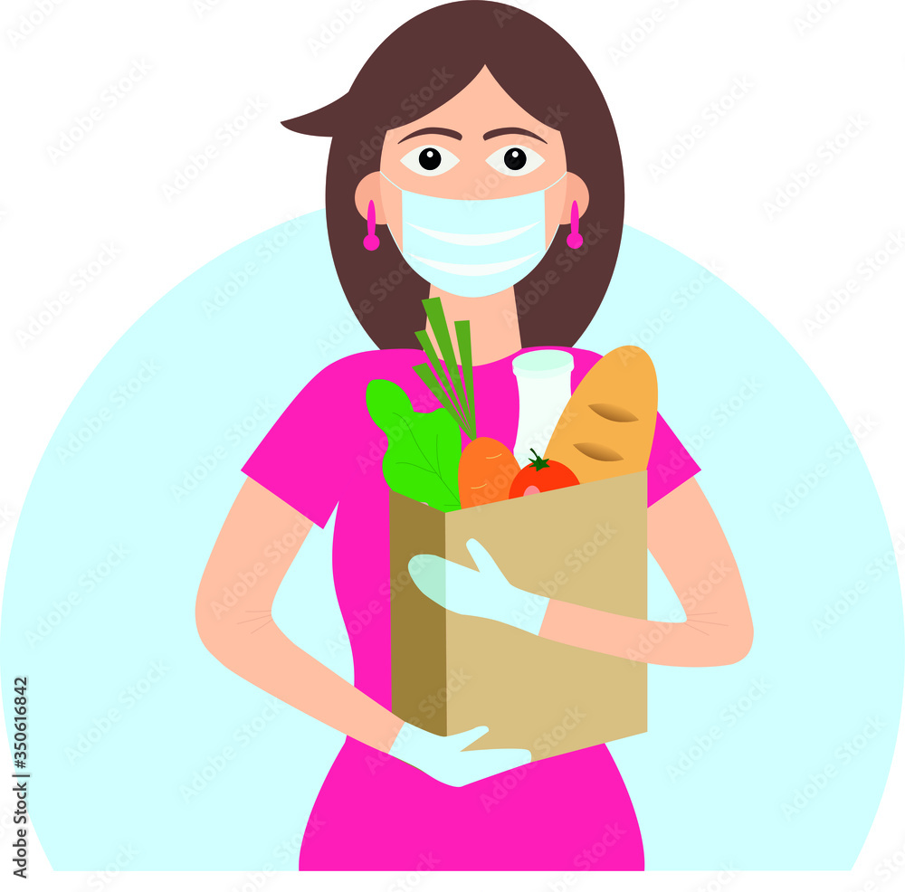 Woman holding a paper bag with groceries, food, wearing protective masks and gloves. COVID-19. Quarantine shopping Woman holding a paper bag with groceries, food, wearing protective masks and gloves. COVID-19. Quarantine shopping