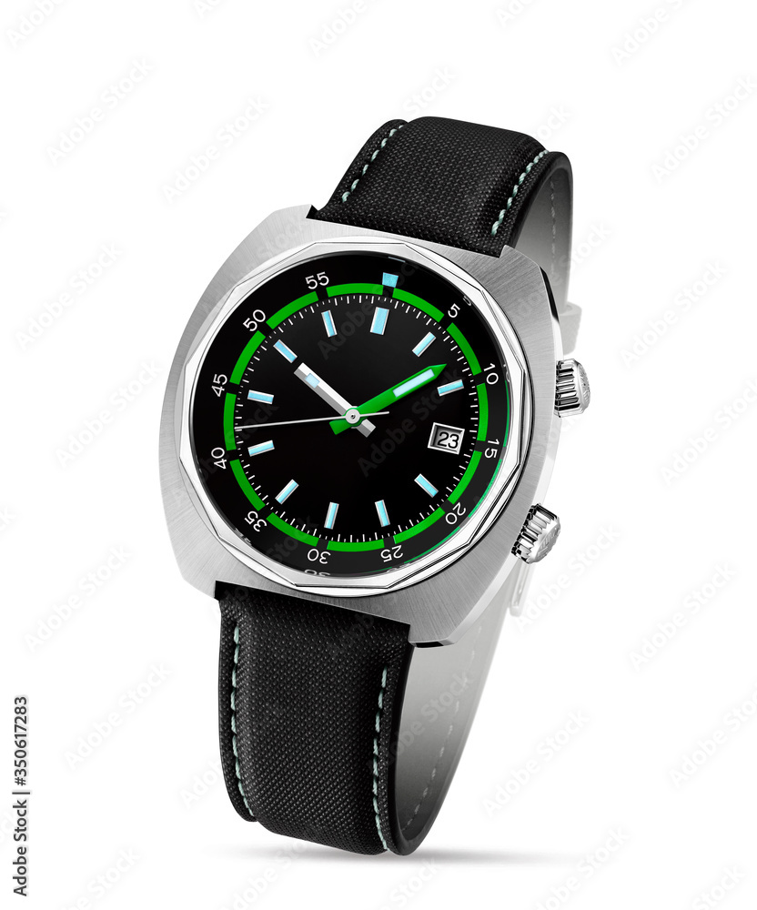 black leather watch for men isolated on white black leather watch for men isolated on white