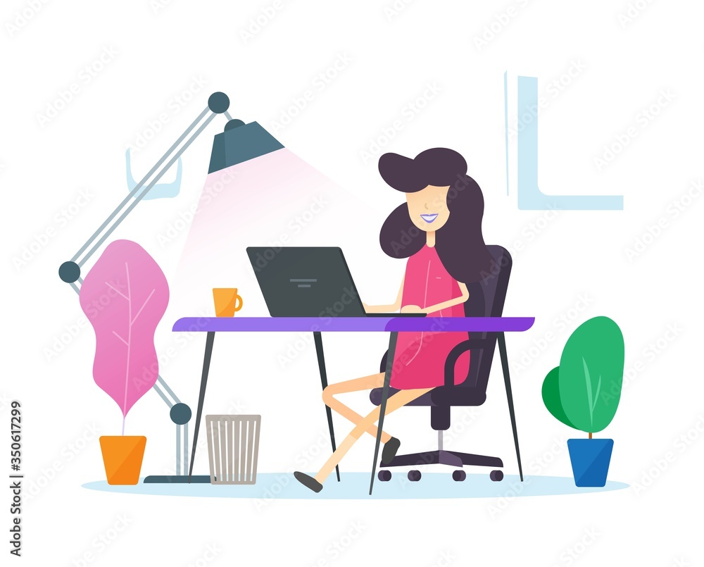 Person working from home office sitting on table desk workplace or freelancer girl distance job online on laptop computer work place in house abstract room vector flat isolated, learning or study idea Person working from home office sitting on table desk workplace or freelancer girl distance job online on laptop computer work place in house abstract room vector flat isolated, learning or study idea