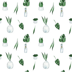 Keuken achterwand Planten in pot patronen Aquarel kleurrijke planten potten patroon  © Lilia